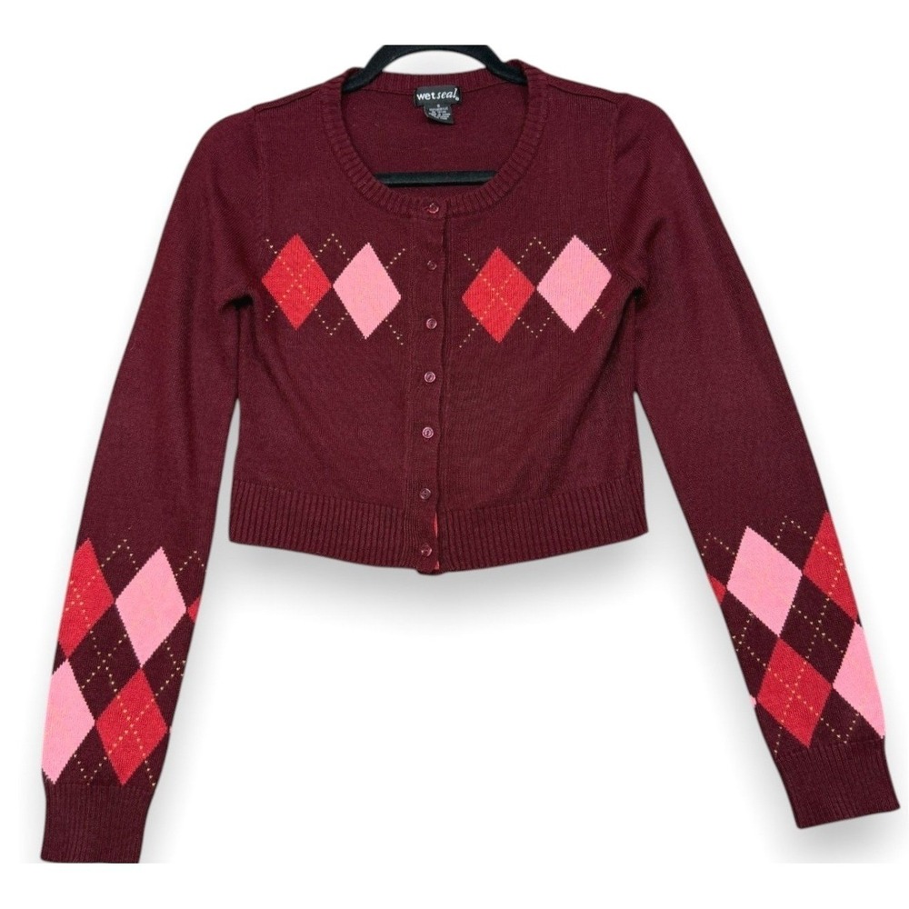 Vintage Y2K Wet Seal Cardigan Womens S Red Argyle Diamond Knit Crop Preppy 90s